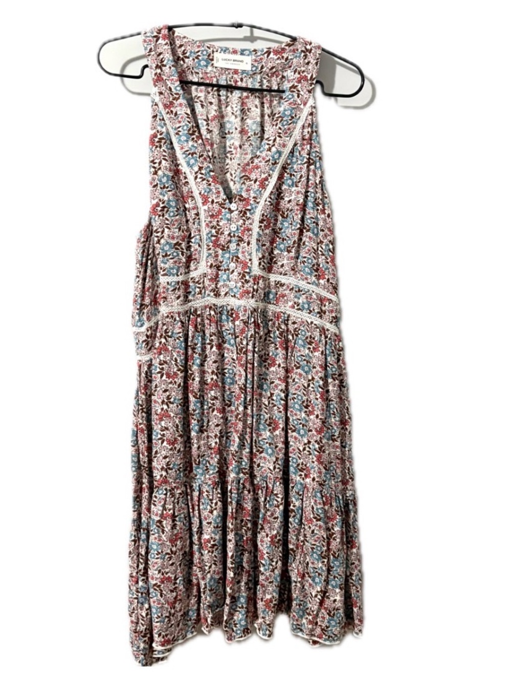 Lucky Brand Womens XL Floral Boho Mini Dress Sleeveless V Neck Lace Trim